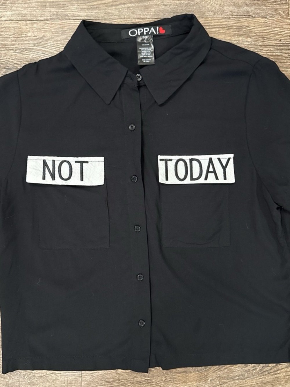 Black Crop Button-Up Top with 'NOT TODAY' Patches